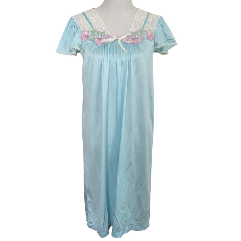 VTG Vanity Fair Nightgown Aqua Blue Lace Pink Roses Coquette Sz Small USA